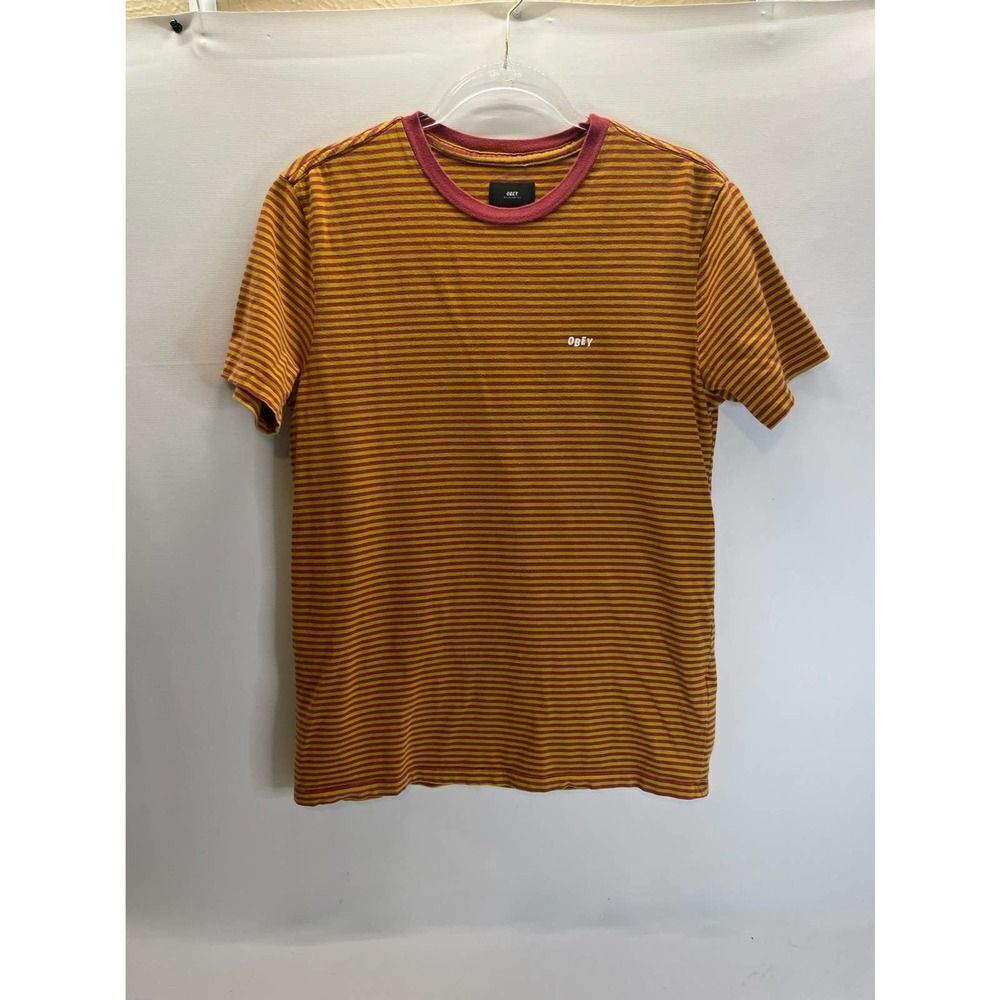 OBEY Worldwide Clothing Short Sleeve Striped Shirt Yellow Red Size Small